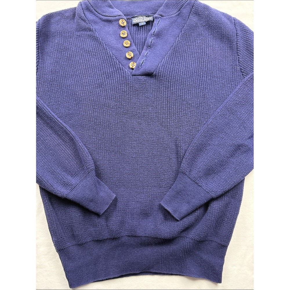 Lands End Sweater Mens Size M Blue Henley Button Vintage Cotton Pullover